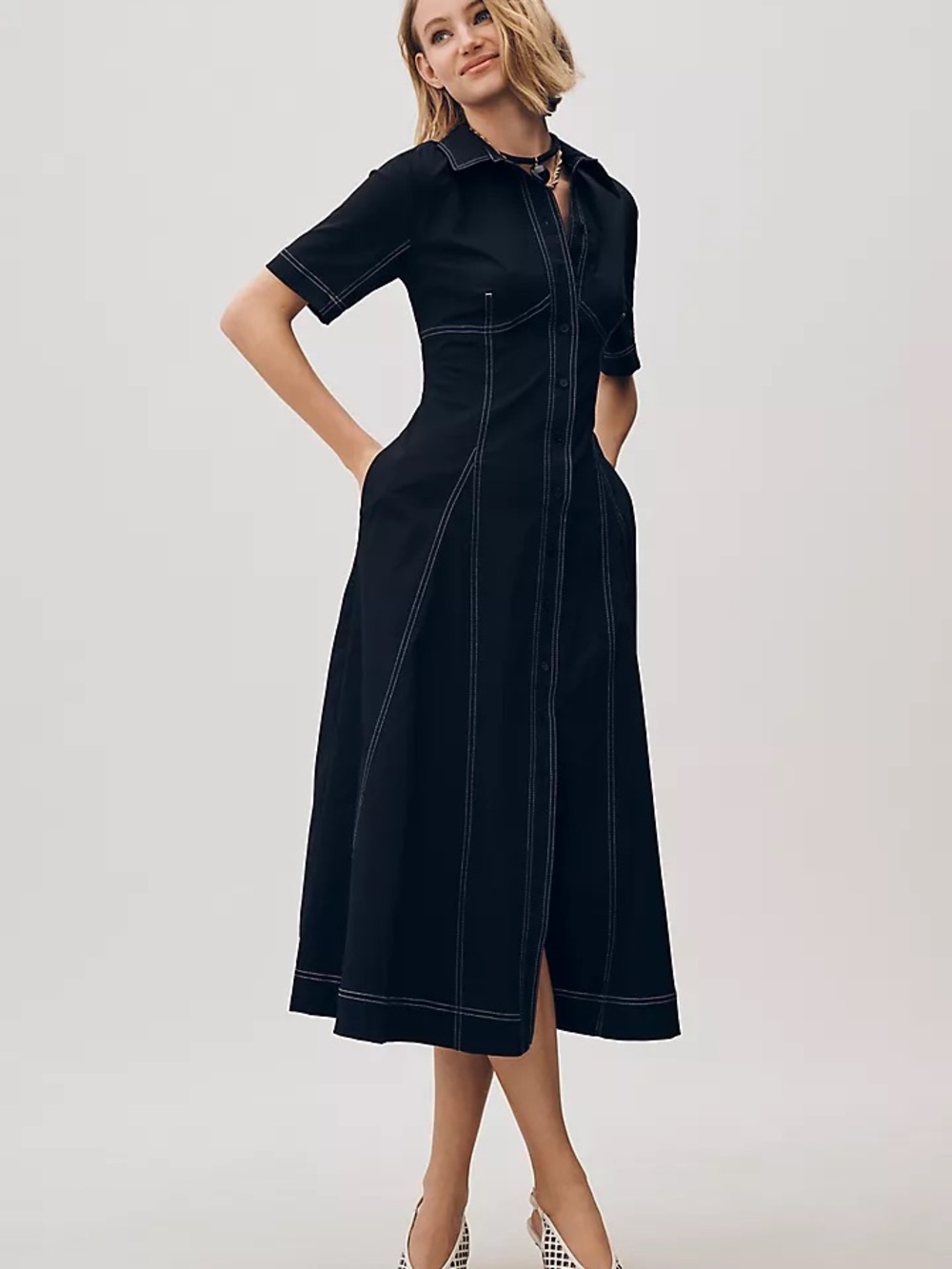 Anthropologie Exquise Short-Sleeve Seamed Pleated Midi Black Dress Sz M - Picture 2 of 14